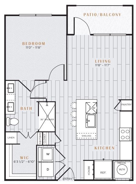 Floor plan for 1 bed, 1 bath, 700 sqft